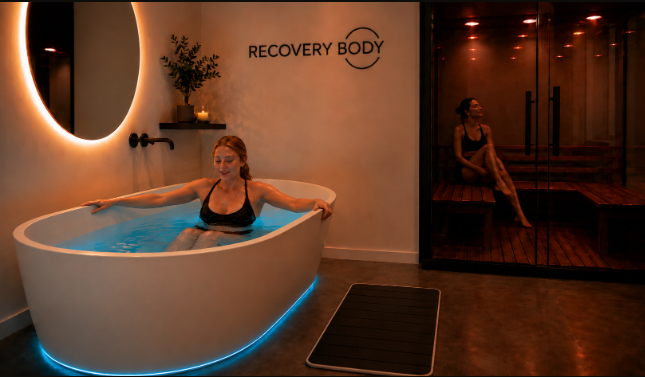Recovery Body com banheira de imersão gelada iluminada em azul e sauna seca em academia