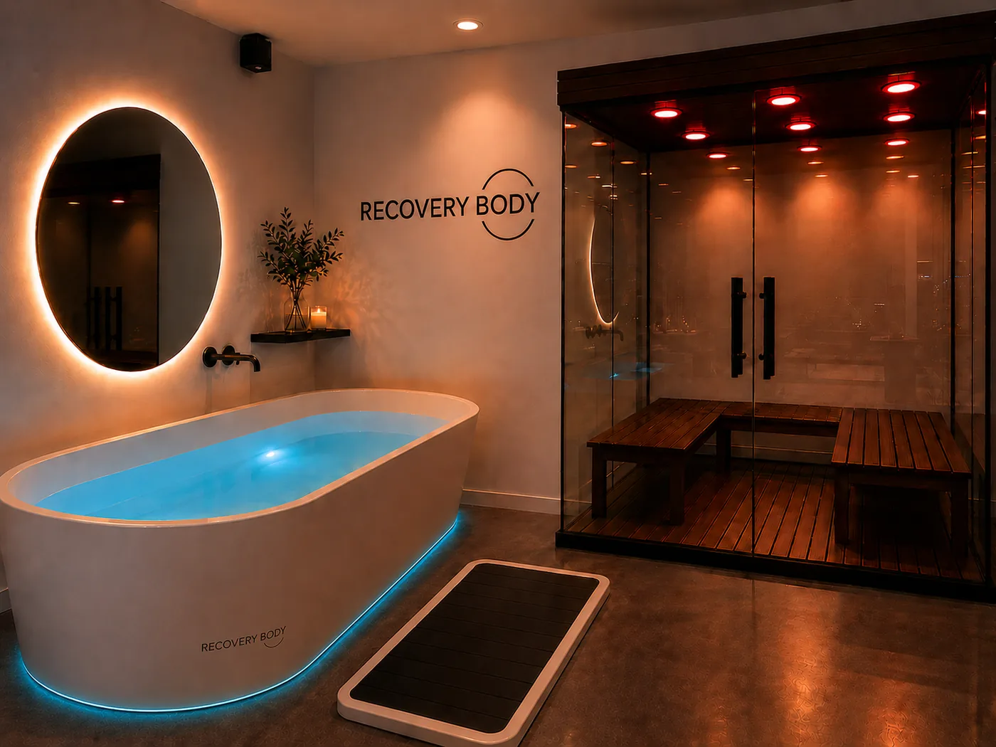 Espaço de recovery com banheira de imersão gelada e sauna seca para academia