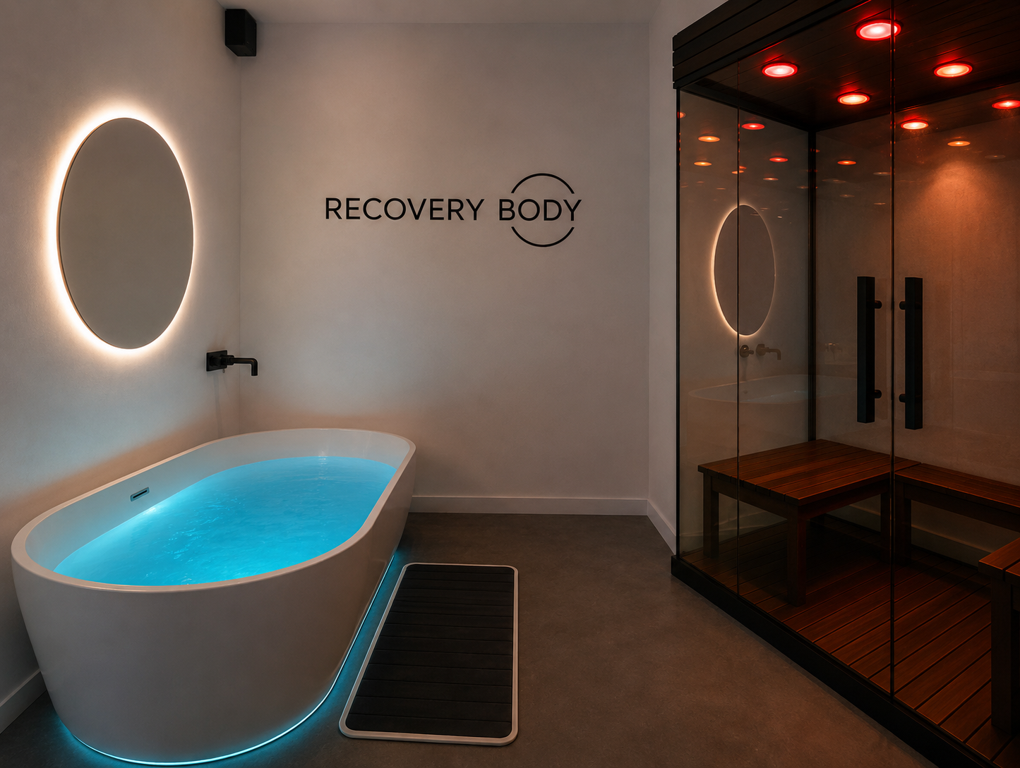 Ambiente do Recovery Body com banheira iluminada e sauna seca