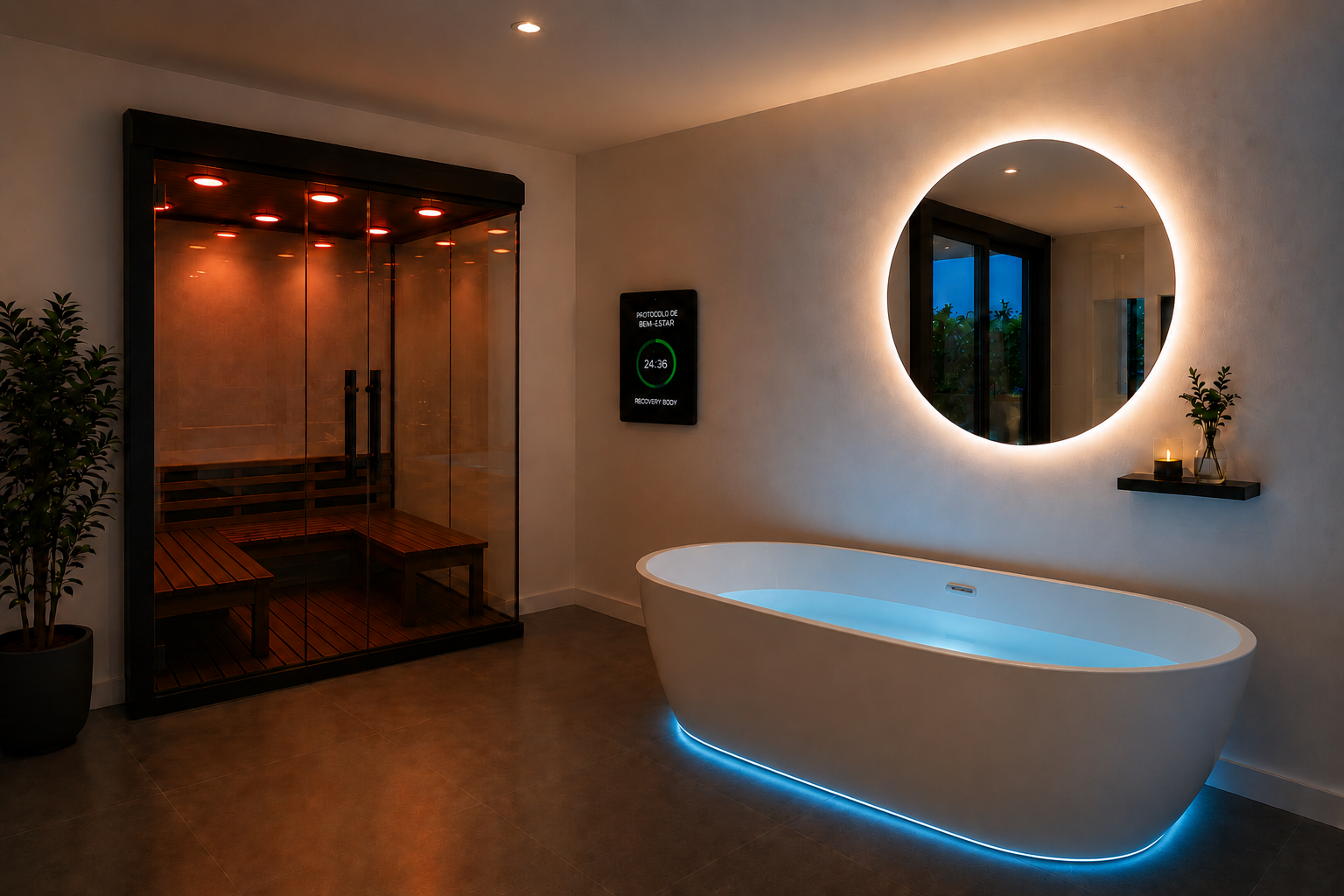 Banheira de imersão e sauna seca em espaço de recovery de hotel