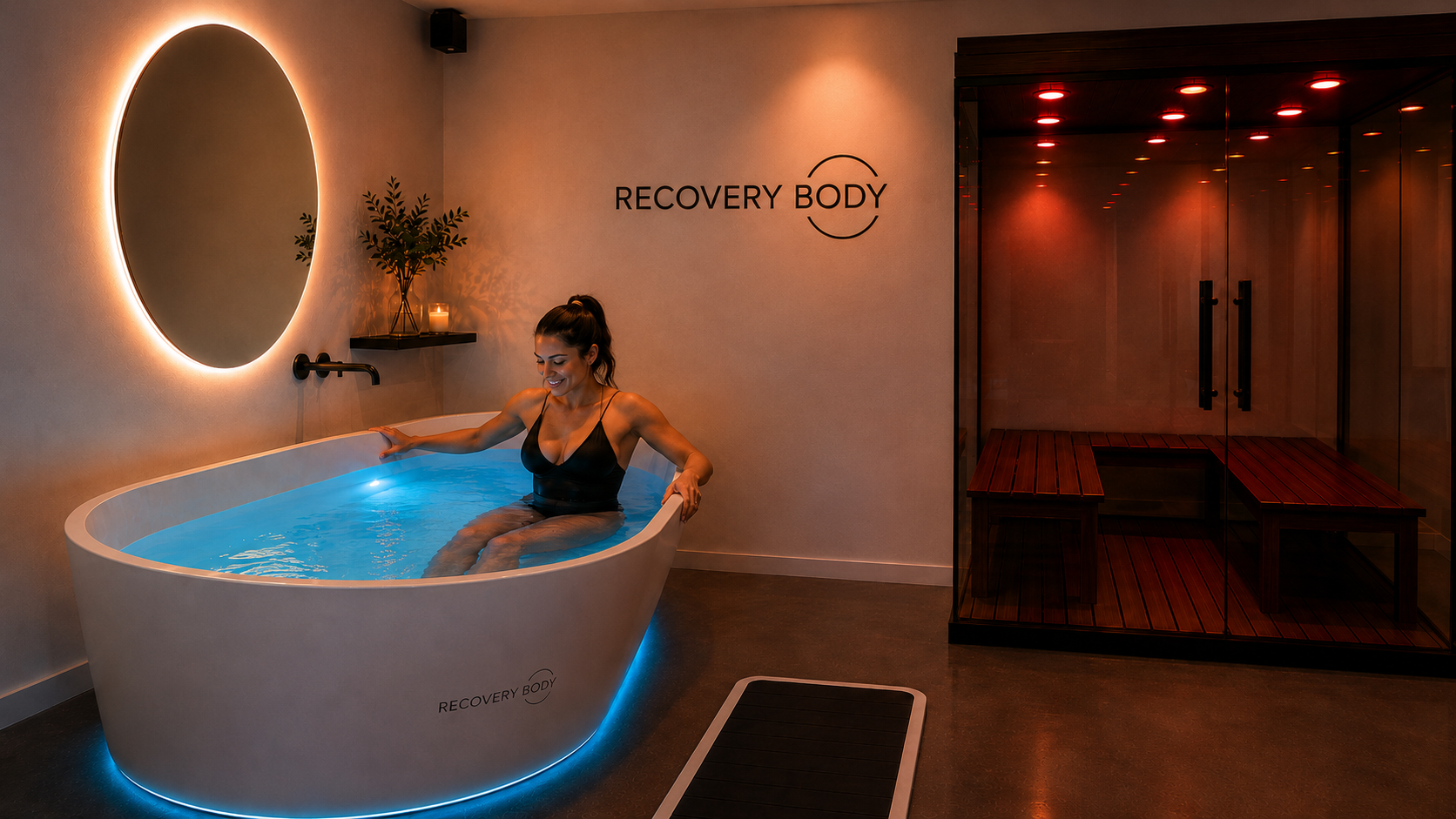 Hóspede na banheira de imersão gelada do Recovery Body em hotel