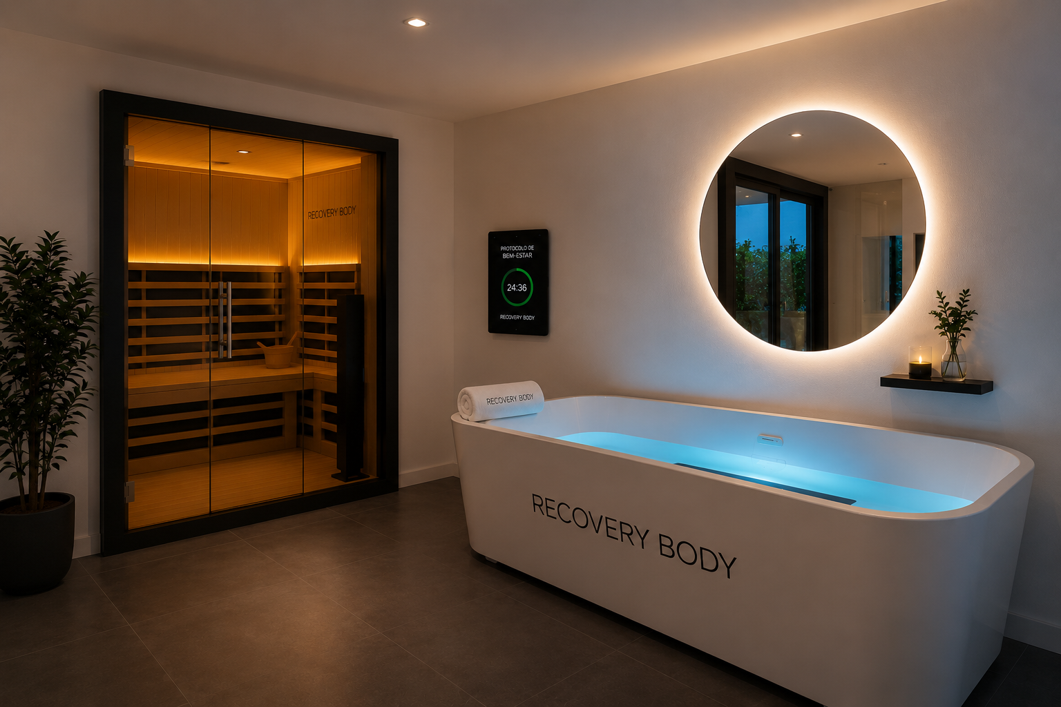 Detalhe do espaço Recovery Body com sauna seca e banheira de imersão
